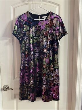 NWT London Times Sequin Floral Shift Dress in Multi Color - Size 12